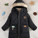 Stylish Boys' Warm Thick Hooded Jacket - Soft Fleece Lining, Zip-Up Closure, Patched Design, Water-Resistant, Windproof, and Breathable - Perfect for Winter Outdoor Activities, As a Thoughtful Gift