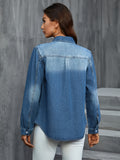 Refined Washed Blue Womens Denim Shirt - Fashionable Flap Pockets, Classic Button Up, Long Sleeves, Stylish Lapel - Premium Denim Top for Versatile Style