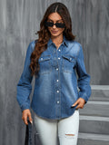 Refined Washed Blue Womens Denim Shirt - Fashionable Flap Pockets, Classic Button Up, Long Sleeves, Stylish Lapel - Premium Denim Top for Versatile Style