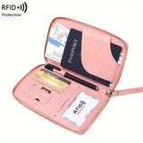 Solid Color RFID Portable Passport Holder, Multi Functional Airplane Ticket Clip, Travel Credit Card Wallet With Zipper And Wrist Strap