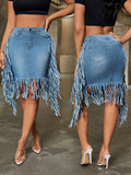 Sexy Denim Skirt - Trendy Fringe Hem, Distressed Washed Blue, Stylish Slash Pocket, Premium Denim Material - Perfect for Music Festival and Party Occasions, Designed for Fashionable Women who love Denim Jeans and Clothing