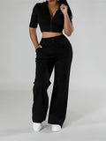 Spring Casual Chic: Durable Half-Sleeve Zip Crop Top & Drawstring Knit Pants - Women's Outfit