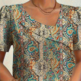 Plus Size V-Neck Asymmetrical Paisley Print Blouse - Elegant Boho Chic Top for Spring & Summer - Polyester Non-Stretch Woven Fabric, Random Printing, All-Season Wear