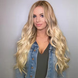 Wholesale of European and American wig women's golden center split long curly hairstyle center split large wave high-temperature silk headgear manufacturers