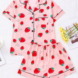 Strawberry Print Short Sleeve Pajama Set for Women - Soft Micro Elasticity Polyester Fabric, Cute Lapel Collar, Random Printing, Machine Washable, All-Season Sleepwear - Comfortable and Adorable Fruit Patterned PJs for a Relaxing Nights Sleep