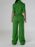 Spring Casual Chic: Durable Half-Sleeve Zip Crop Top & Drawstring Knit Pants - Women's Outfit