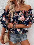 Plus Size Strapless Elegant Floral Print Off Shoulder Blouse - Woven Polyester Vacation Style with Ruffle Sleeve and Layered Design - Perfect for Spring and Summer Seasons