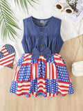 Toddler Girls Festive Denim Dress with Pentagram Stripe Graphic - Adorable Sleeveless Button Bow Design for Independence Day Summer Wear