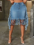 Sexy Denim Skirt - Trendy Fringe Hem, Distressed Washed Blue, Stylish Slash Pocket, Premium Denim Material - Perfect for Music Festival and Party Occasions, Designed for Fashionable Women who love Denim Jeans and Clothing