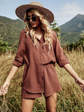 Summer Casual Button Green Cotton Two Pieces Sets Women Long Sleeve Rose Red Women's Sets White Shirt Shorts Set Outfits