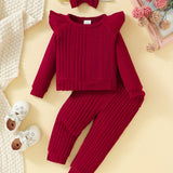 Toddler Baby Girls Cotton Ribbed Flying Sleeve Long Sleeve Top Trousers 2pcs Set, Kids Clothes Autumn And Winter