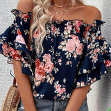 Plus Size Strapless Elegant Floral Print Off Shoulder Blouse - Woven Polyester Vacation Style with Ruffle Sleeve and Layered Design - Perfect for Spring and Summer Seasons