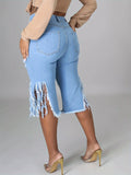 High-Stretch Womens Bermuda Denim Midi Shorts - Distressed Raw Fringe Hem, Ripped Split Details, Fashionable Summer Jeans Wear with Tassel Accents - Solid Color, No Printing, Casual Style, Woven Fabric