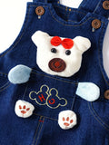 Toddler Boys' Cotton Denim Overalls, Casual Style, Cute Cartoon Bear Design, Adjustable Straps, Button-Down Front, Blue Jean Jumpsuit With Striped Cuffs