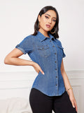 Vintage Denim Shirt - Short Sleeve, Classic Button-Down, Ultra-Casual Retro Style for Women - Perfect for Summer Fashion, Everyday Wear, and Outdoor Activities