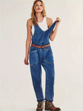 Plain Washed Loose Fit Adjustable Strap Patch Pocket Casual Hip Hop Denim Overall Dungarees, Women's Denim Jeans & Clothing