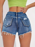 Torn Knee Ripped Denim Shorts - Unfinished Edge, Faded, Whiskered Distressed Washed - Deep Blue Denim, High-Waisted, Comfortable Womens Fashionable Denim Jeans & Clothing