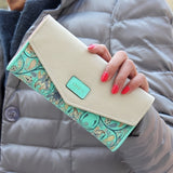 Tri-Fold Long Wallet for Women - Spacious PU Leather Credit Card Holder with Snap Closure, Polyester Lining, and Phone Pocket - Fashionable Floral Print Design