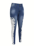 Hollow Out Lace Contrast Jeans, Elegant Fairy Core Skinny Fit Denim Pants, Women's Denim Jeans & Clothing