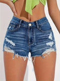 Torn Knee Ripped Denim Shorts - Unfinished Edge, Faded, Whiskered Distressed Washed - Deep Blue Denim, High-Waisted, Comfortable Womens Fashionable Denim Jeans & Clothing