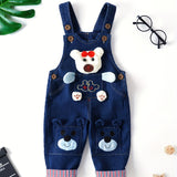 Toddler Boys' Cotton Denim Overalls, Casual Style, Cute Cartoon Bear Design, Adjustable Straps, Button-Down Front, Blue Jean Jumpsuit With Striped Cuffs