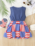 Toddler Girls Festive Denim Dress with Pentagram Stripe Graphic - Adorable Sleeveless Button Bow Design for Independence Day Summer Wear