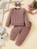 Toddler Baby Girls Cotton Ribbed Flying Sleeve Long Sleeve Top Trousers 2pcs Set, Kids Clothes Autumn And Winter