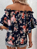 Plus Size Strapless Elegant Floral Print Off Shoulder Blouse - Woven Polyester Vacation Style with Ruffle Sleeve and Layered Design - Perfect for Spring and Summer Seasons