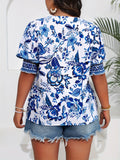 Plus Size Floral Print Blouse - Exquisite Elegant Notch Neck, Comfortable Short Sleeve Style, Perfect for Spring and Summer - Womens Plus Size Clothing for a Flattering Silhouette