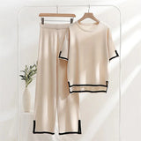 Two Piece Set Elegant Pants Sets Ice Knitted Summer Outfits For Women Short Sleeve Pajama Suit 240412