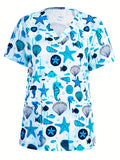 Plus Size Nurse Uniform Top - Adorable Cartoon Print, Comfortable Short Sleeve V-Neck with Handy Pockets - Stylish Healthcare Clothing for Curvy Women