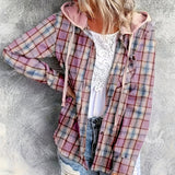 Plus Size Plaid Print Hooded Shirt, Casual Long Sleeve Button Front Shirt, Women's Plus Size Clothing