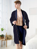 Ultra-Soft Mens Striped Loungewear Robe with Convenient Pockets - Effortless Lace-Up Closure for Cozy Nighttime Wear - Stylish One-Piece Pajamas