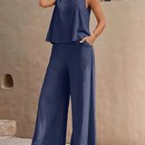 Two-Piece Elegant Outfit Set - Crew Neck Sleeveless Tank Top & Wide Leg Loose Pants - Polyester, Machine Washable, Solid Color, Woven, Spring/Summer Essential for Women