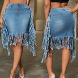 Sexy Denim Skirt - Trendy Fringe Hem, Distressed Washed Blue, Stylish Slash Pocket, Premium Denim Material - Perfect for Music Festival and Party Occasions, Designed for Fashionable Women who love Denim Jeans and Clothing