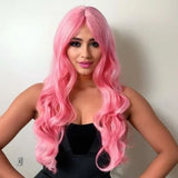 European and American foreign trade wigs for women with long bangs, large waves, pink full head cover support