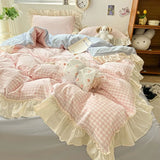 elvesmall Kawaii Pastel Plaid Ruffle Bedding Set