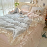 elvesmall Kawaii Pastel Plaid Ruffle Bedding Set