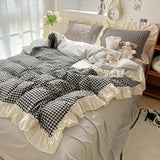 elvesmall Kawaii Pastel Plaid Ruffle Bedding Set