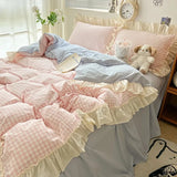 elvesmall Kawaii Pastel Plaid Ruffle Bedding Set