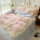 elvesmall Kawaii Pastel Plaid Ruffle Bedding Set