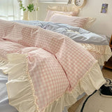 elvesmall Kawaii Pastel Plaid Ruffle Bedding Set
