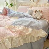 elvesmall Kawaii Pastel Plaid Ruffle Bedding Set