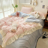 elvesmall Kawaii Pastel Plaid Ruffle Bedding Set