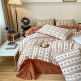 elvesmall Retro Brown Floral Print Bedding Set