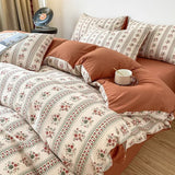 elvesmall Retro Brown Floral Print Bedding Set