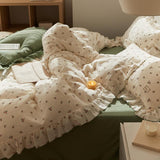 elvesmall Sage Green Cute Peach Ruffled Bedsheet Set