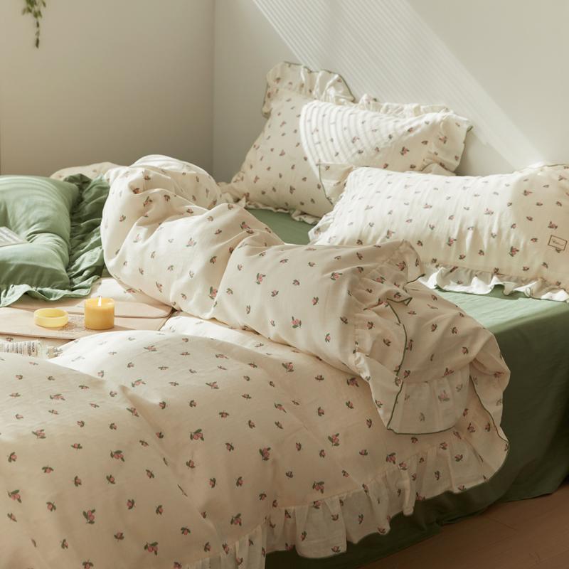 elvesmall Sage Green Cute Peach Ruffled Bedsheet Set