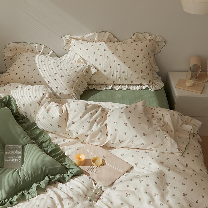 elvesmall Sage Green Cute Peach Ruffled Bedsheet Set