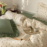 elvesmall Sage Green Cute Peach Ruffled Bedsheet Set